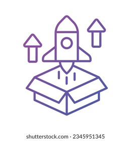 Caja con cohete que muestra el vector de concepto de liberación de producto, icono de inicio de negocio