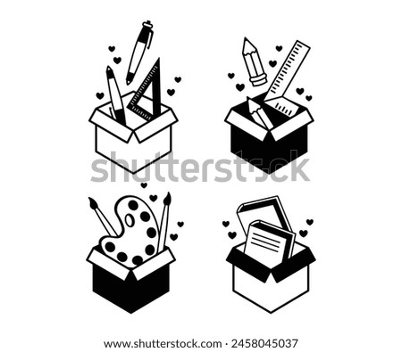 box of school supplies stationery vector design black white flat illustration collections set isolated