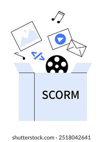 Caja con SCORM etiquetado y varios íconos multimedia como una Imagen Video, correo electrónico, nota musical y código encima. Ideal para e-learning, contenido multimedia, educación digital, paquetes SCORM, en línea