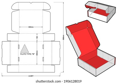 Box self assembly Flute Type B (Internal measurement 30x30x10cm) and Die-cut Pattern. Ease of assembly, no need for glue.  The .eps file is full scale and fully functional.