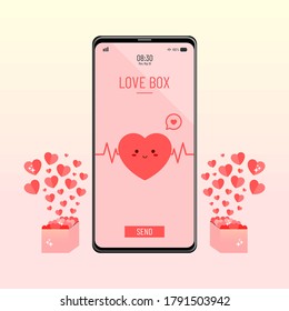 Box to send love and warmth. Send hearts, send smiles and happiness to the world. Love box icon. Heart balloon logo. Heart icon. Mobile phones send love. Illustration vector.