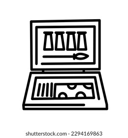 Box with set of artist's supplies on white background