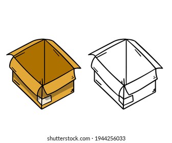 Box. Set of cardboard containers. Objects for packing and moving. Empty package. Parcel and mail. Hand drawn illustration