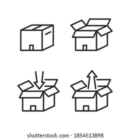 Box set flat line icons. Vector illustration open and close cardboard box with inward arrow and outward arrow. Loading and unloading symbol.