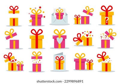 Box. A set of gifts, gift boxes with ribbons, vector illustration in a flat style. Colorful gifts.
