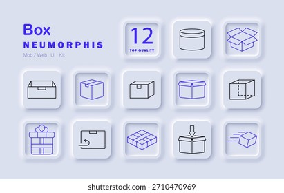 Icono de conjunto de cajas. Cerrado, abierto, doblado, envío, cubo, devolución, paquete, correo, cartón, presente, movimiento, paquete de iconos de embalaje para logística, regalo, transporte, almacenamiento, entrega, artículo.