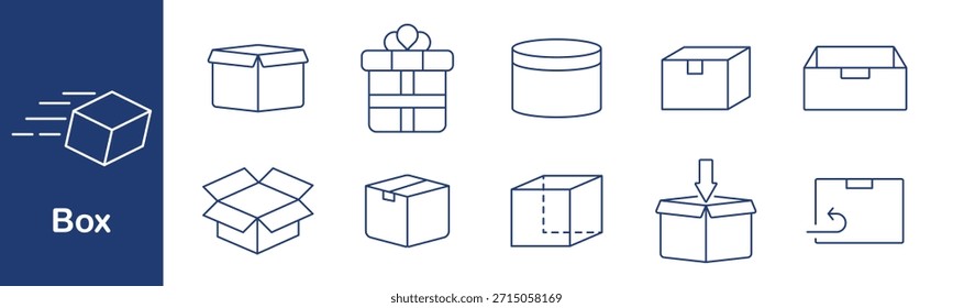 Icono de conjunto de cajas. Cerrado, abierto, regalo, redondo, almacenamiento, envío, entrega, cartón, contenedor, devolución, movimiento, forma, paquete, organizar, enviar, desempaquetar.