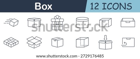 Box set icon. Delivery boxes, open boxes, gift box, round container, return arrow, sealed tape, dashed line cube, and downward insert symbol in minimal style.