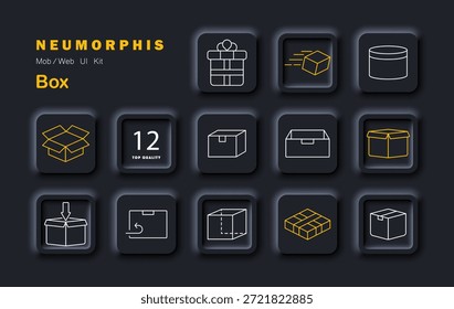 Icono de conjunto de cajas. Muestra la caja abierta, paquete, paquete, contenedor redondo, caja móvil, flecha de entrega, cubo discontinuo, pila, mano con caja, devolución, número de insignia