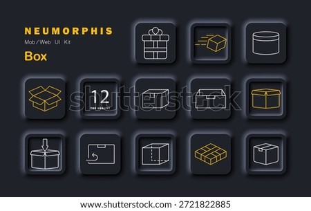 Box set icon. Depicts open box, parcel, package, round container, moving box, delivery arrow, dashed cube, stack, hand with box, return, number badge