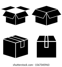 Box set icon, logo isolated on white background. Cardboard box in the open and closed form