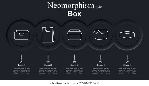 Box set icon. Neomorphic circular interface line icons with storage crate handle, plastic shopping bag, closed carton lid box, open cardboard package, flat rectangular container