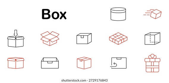 Icono de conjunto de cajas. Caja abierta, regalo, paquete, cartón, contenedor, envío, entrega, embalaje, almacenamiento, movimiento, devolución, producto, paquete plano, cartón, orden, logística, presente.
