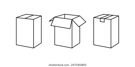 Box set icons. Closed and Open Icon Boxes. Linear style. Vector icons.