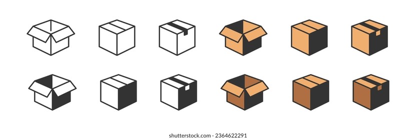Box set line and flat icon. Carton open box and fast delivery symbols. Isolated vector illustration