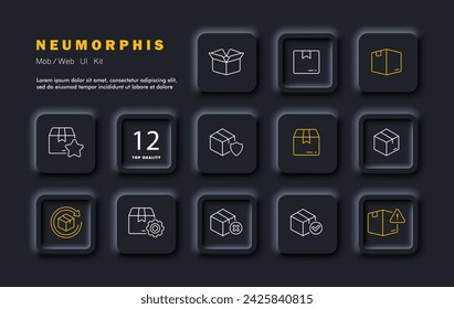 Symbol für Box-Set-Linie. Stern, Lieferung, Schild, Getriebe, Kreuz, Prüfzeichen, Warnung, Einstellungen, Transport, Produkt. In: Neomorphism Style. Vektorliniensymbol für Unternehmen und Werbung