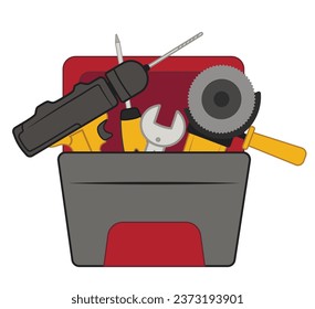 Box with set of tools on white background