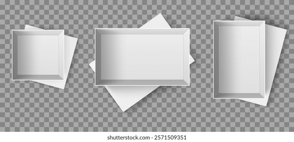 Box set top view. Realistic isolated on transparent background elements. White cardboard packaging. open container for gifts and products or shoes. Delivery package. Mockup design. Vector set