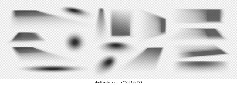 Box shadow effect vector. Realistic light shade overlay on floor. Transparent soft edge for circle and rectangular element isolated mockup. Bottom blur border layout for surface side view template