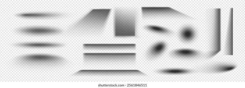 Box shadow effect vector. Realistic light shade overlay on floor. Transparent soft edge for circle and rectangular element isolated mockup. Bottom blur border layout for surface side view template