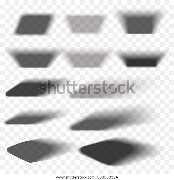 Box shadow set transparent with soft edges\
isolated on checkered background. Smooth vector under round\
square.Element for product design\
