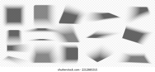 Box shadows square overlay effect. Realistic transparent shades set falling from objects on floor or wall with soft black edges and dark corners isolated transparent background, 3d vector illustration