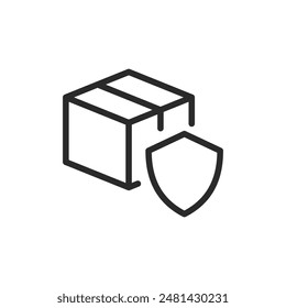 Box and shield, linear style icon. Parcel protection. Editable stroke width