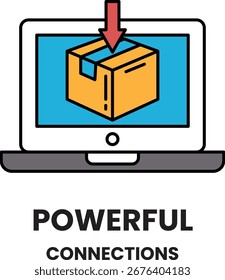 A box is shown on a laptop screen with a red arrow pointing to it. The box is orange and the laptop is white. The image is titled "Powerful Connections"