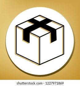 Box sign illustration. Vector. Black icon with light brown shadow in white circle with shaped ring at golden background.