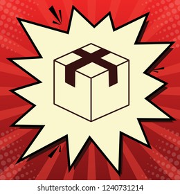 Box sign illustration. Vector. Dark red icon in lemon chiffon shutter bubble at red popart background with rays.