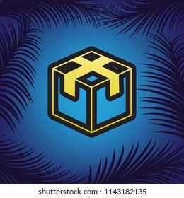 Box sign illustration. Vector. Golden icon with black contour at blue background with branches of palm trees.