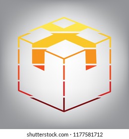 Box sign illustration. Vector. Horizontally sliced icon with colors from sunny gradient in gray background.