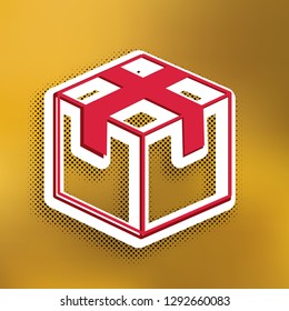 Box sign illustration. Vector. Magenta icon with darker shadow, white sticker and black pop art shadow on golden background.
