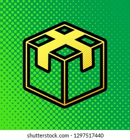 Box sign illustration. Vector. Pop art orange to yellow dots-gradient icon with black contour at greenish background.