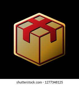 Box sign illustration. Vector. Red icon with small black and limitless shadows at golden sticker on black background.