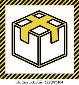 Box sign illustration. Vector. Warm yellow icon with black contour in frame named as under construction at white background. Isolated.