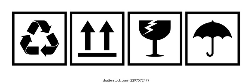 Box sign vector illustration, Packaging symbols on the box, Recycle sign, save global, Handle with care, Protect from water or rain, Use for packaging transport,  fragile care sign symbol, box packing