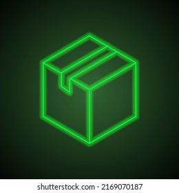 Box Simple Icon, Vector. Flat Design. Green Neon On Black Background With Green Light.ai