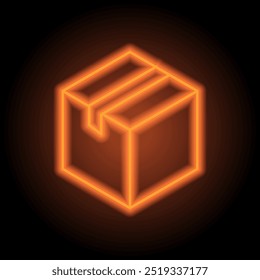 Box simple icon, vector. Flat design. Orange neon on black background.ai