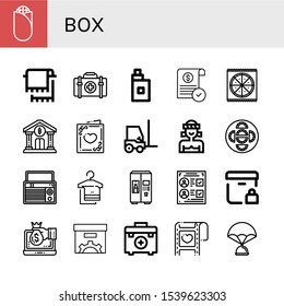 box simple icons set. Contains such icons as Corn, Towel, First aid kit, Vaper, Approve, Pizza, Bank, Wedding card, Forklift, Muay thai, Dumpling, can be used for web, mobile and logo