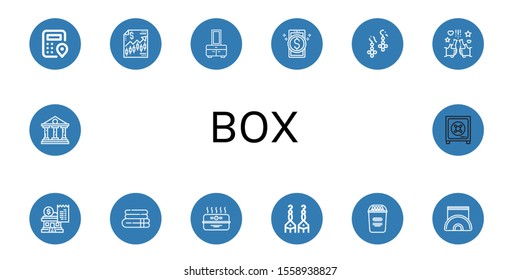 box simple icons set. Contains such icons as Logistics, Finance, Chest, Online banking, Earrings, Beer, Banking, Towel, Cardboard box, Popcorn, can be used for web, mobile and logo