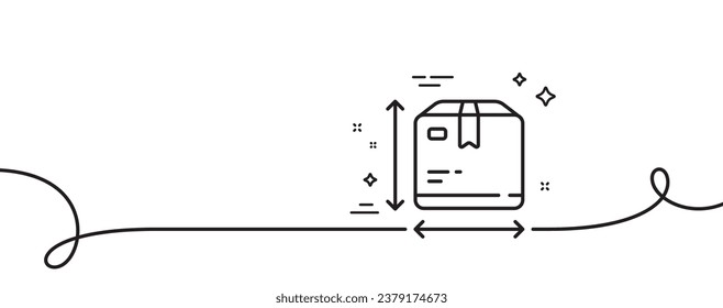 Box size line icon. Continuous one line with curl. Package dimension sign. Parcel measurement symbol. Box size single outline ribbon. Loop curve pattern. Vector