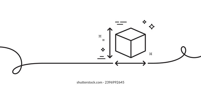 Box size line icon. Continuous one line with curl. Package dimension sign. Parcel measurement symbol. Box size single outline ribbon. Loop curve pattern. Vector