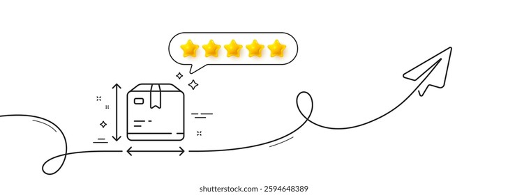 Box size line icon. Continuous line with share plane. Package dimension sign. Parcel measurement symbol. Five star rate review in speech bubble. Box size single line ribbon. Loop curve pattern. Vector