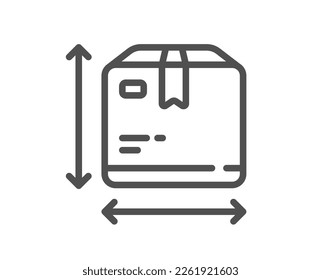 Box size line icon. Package dimension sign. Parcel measurement symbol. Quality design element. Linear style box size icon. Editable stroke. Vector