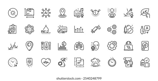 Tamaño de la caja, medicamentos médicos y paquete de iconos de línea de huellas dactilares. AI, pregunta y respuesta, iconos de pin de mapa. Modelo de Configuraciones, impermeable, icono de Web de conversación. Pulmones, puesta de sol, pictograma de micrófono. Vector