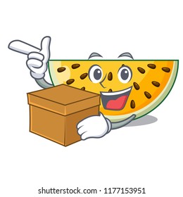 With box sliced yellow watermelon on character cartoon