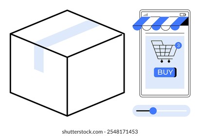 Una caja y una pantalla de teléfono inteligente que muestra un Carrito de compras con un Botón de compra y una notificación. Ideal para comercio electrónico, compras en línea, servicios de entrega, venta minorista digital, comercio móvil. Estilo de Vector plano