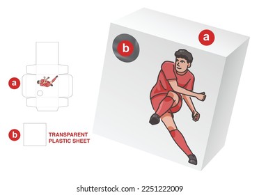 Box with soccer cartoon and ball window die cut template and 3D mockup