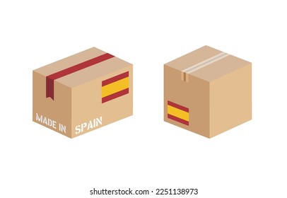 box with Spain flag icon set, cardboard delivery package made in Spain